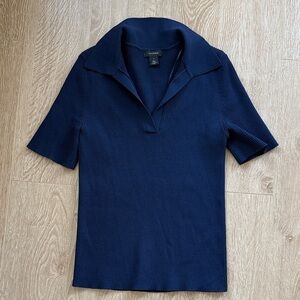 Navy Short Sleeve Ribbed Sweater Polo Collared Top